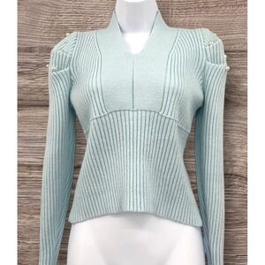 SHEIN Women's S Powder Blue V-Neck Ribbed Sweater Puff Pearl Beaded Shoulders
